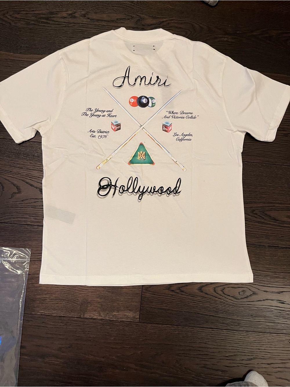 AMIRI White Short-Sleeve Logo Tee with Multicolor Pool Ball Graphic - Picture 2 of 2